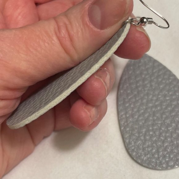 Teardrop Faux Leather Earrings in Soft Gray Lightweight New Textured - Picture 2 of 4